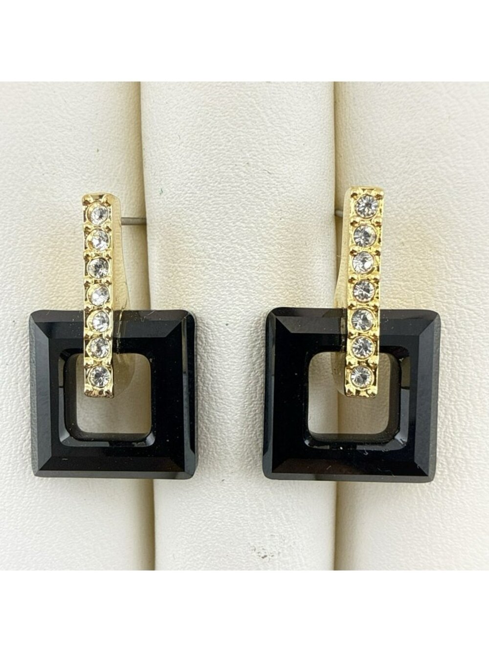 Swarovski Earrings Black Crystal Swan Signed Dangle Drop Modern Gold Tone Square